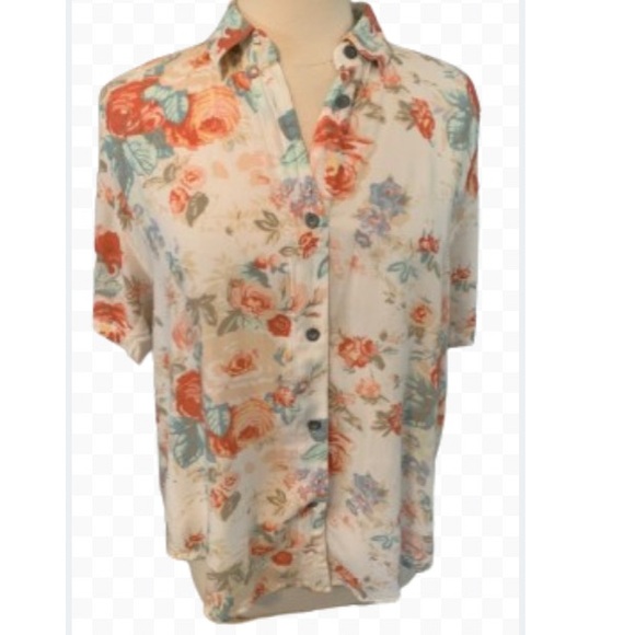 Vintage 90s Y2K Floral Button up Blouse M oversized lightweight coastal cowgirl - Picture 1 of 14